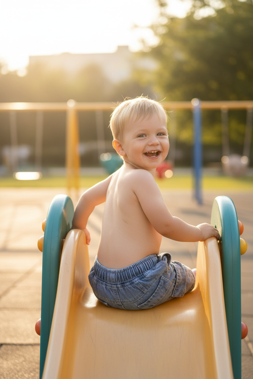 1-year-old at playground wearing denim cargo shorts