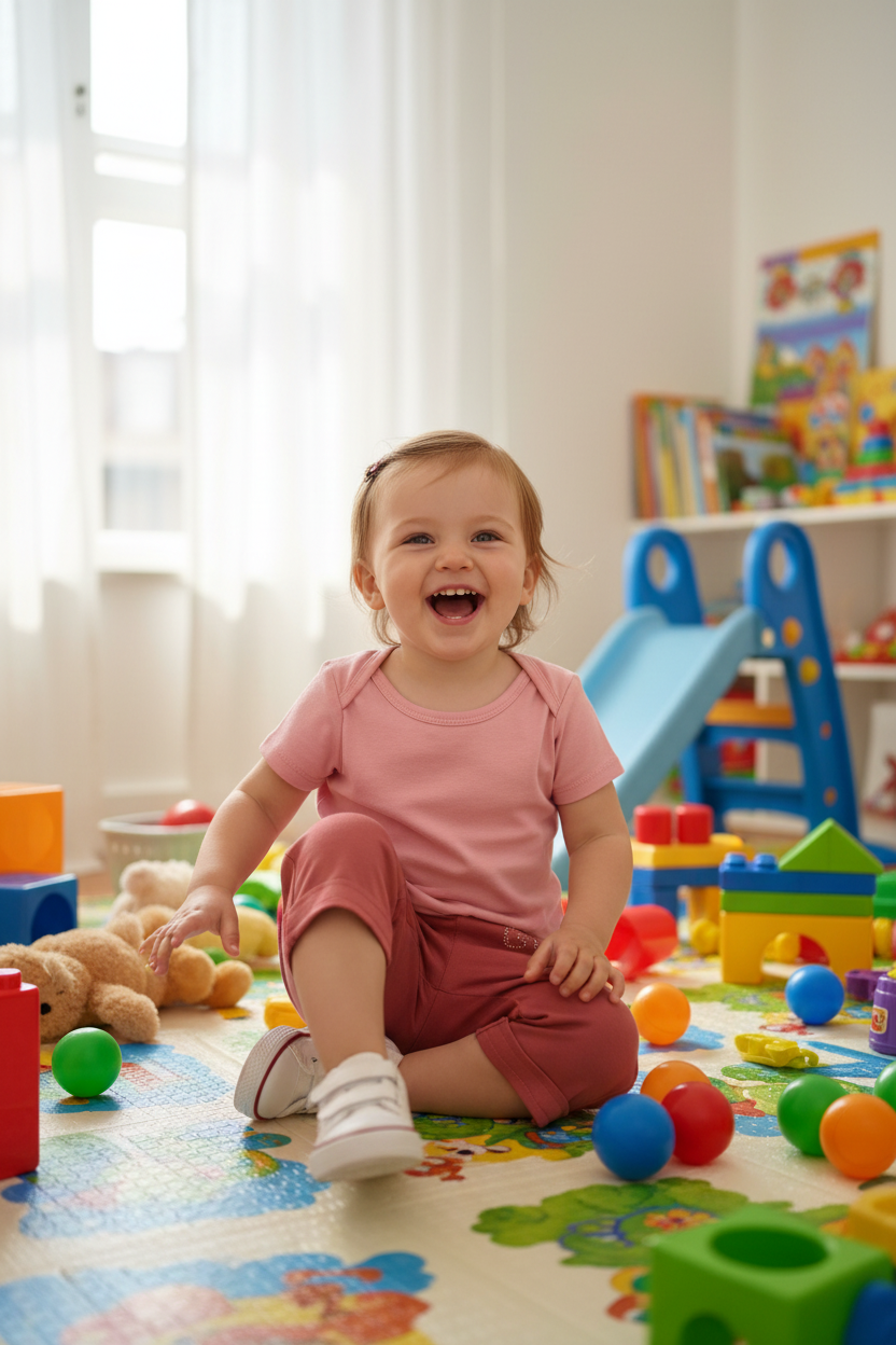 1-year-old in playroom wearing pink capri pants