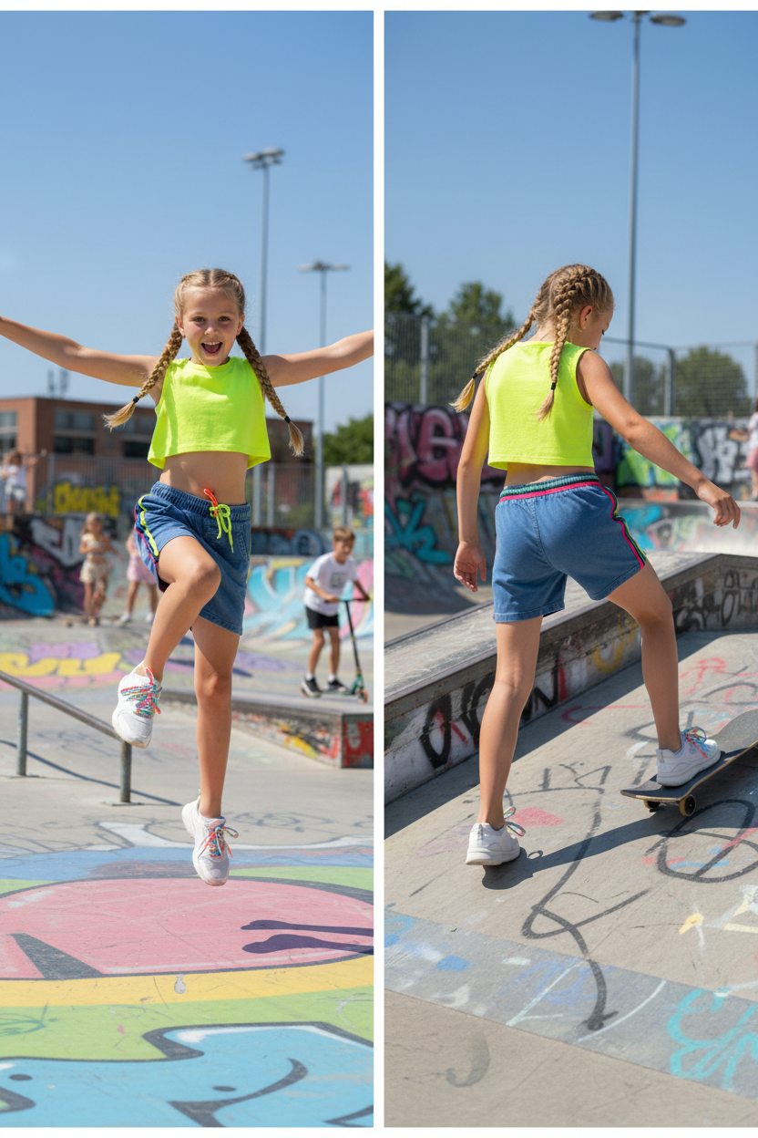 12-year-old at skate park - front and back view