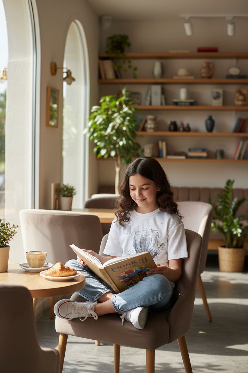 12-year-old in cafe