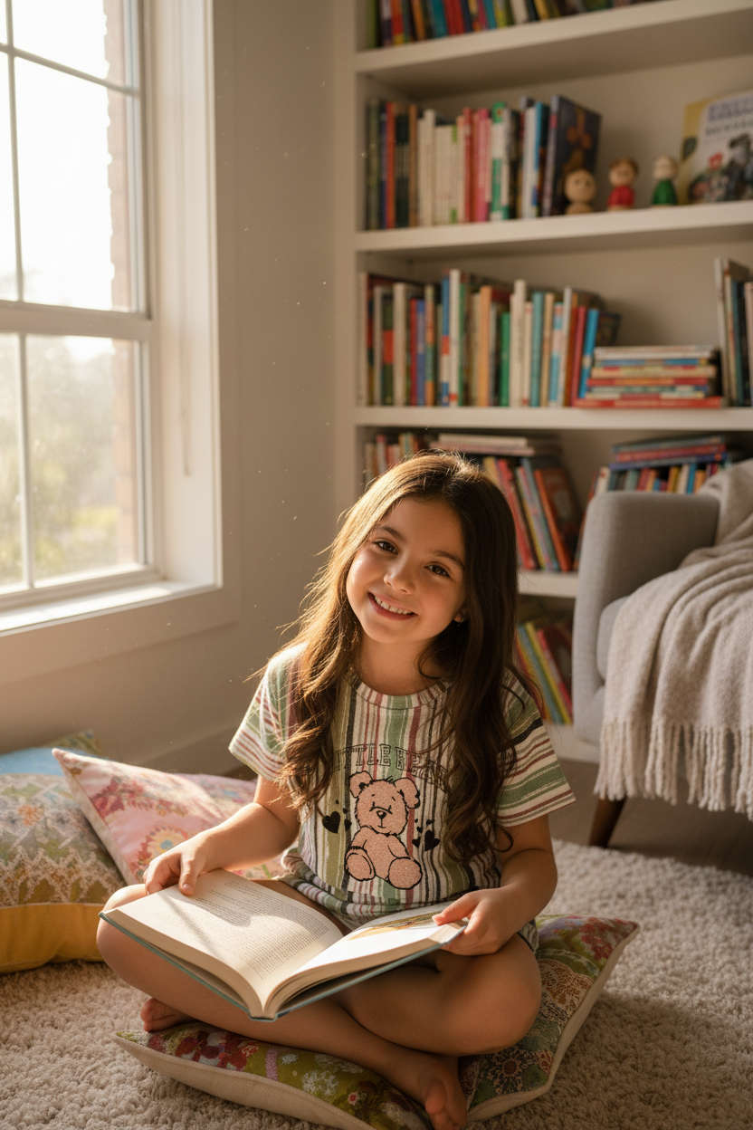 12-year-old wearing short sleeve striped t-shirt