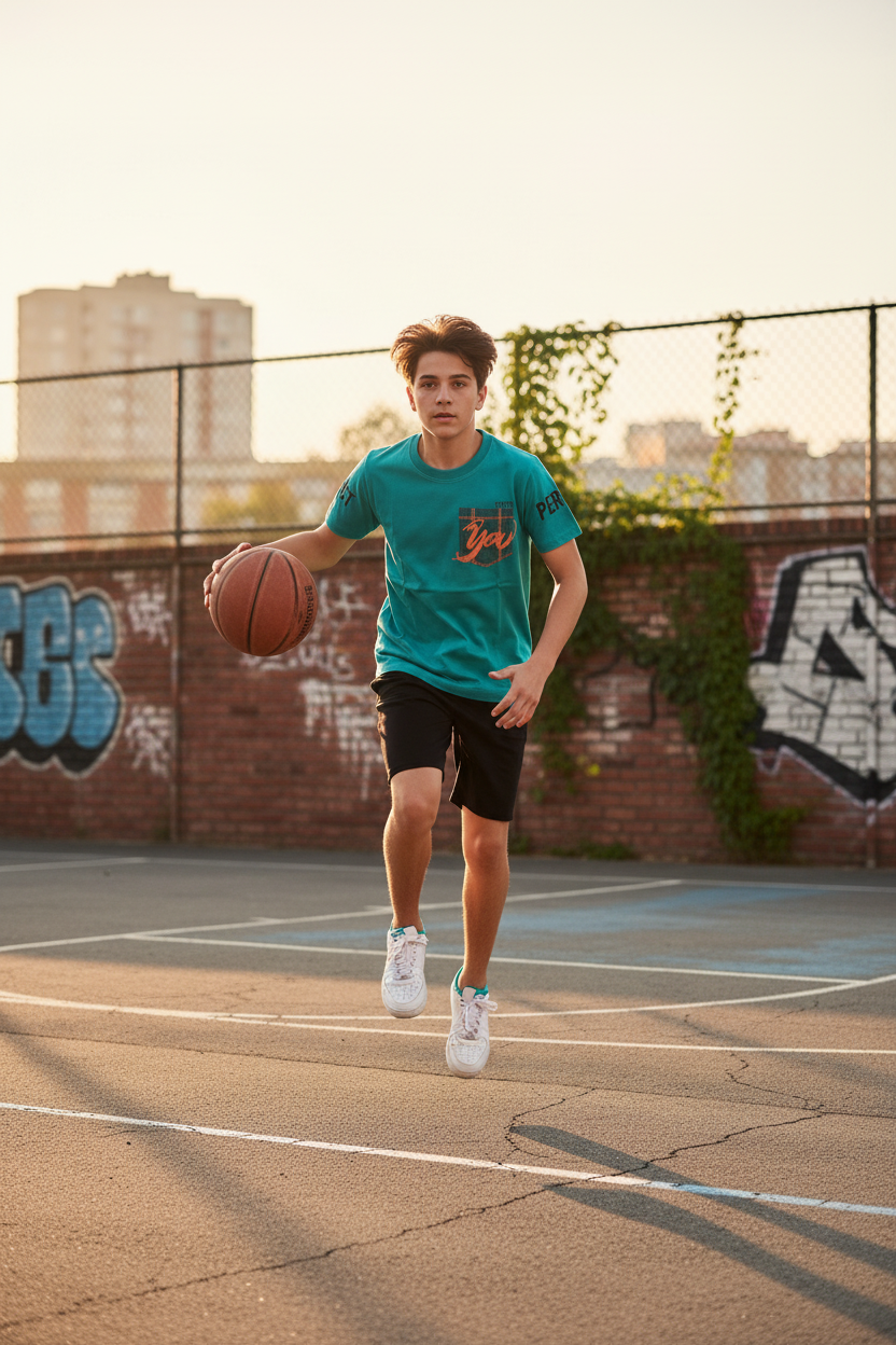16-year-old at basketball court wearing turquoise t-shirt