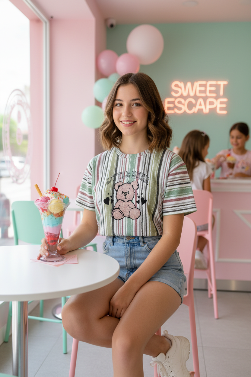 16-year-old wearing short sleeve striped t-shirt