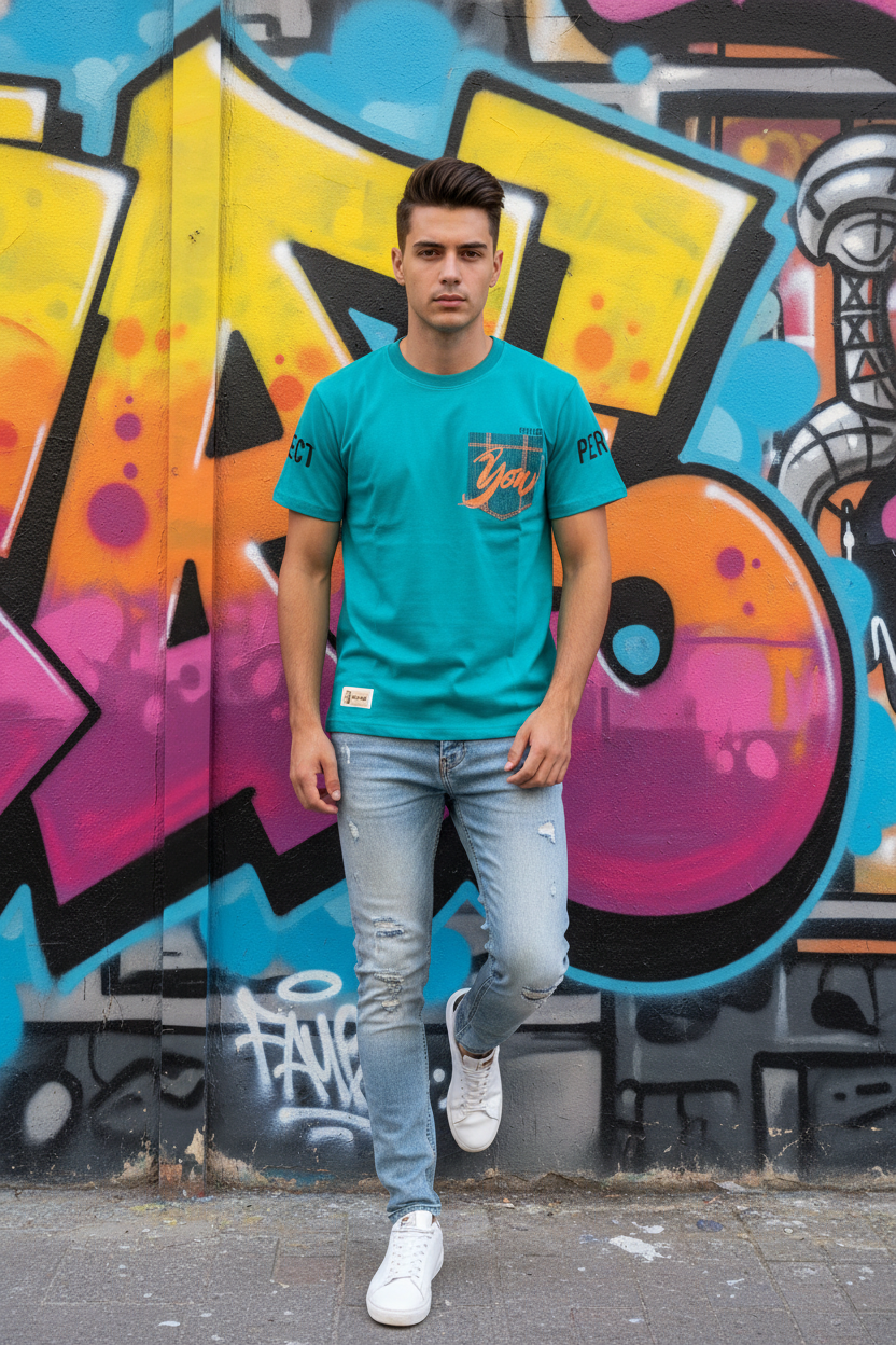 18-year-old at street art wall wearing turquoise t-shirt