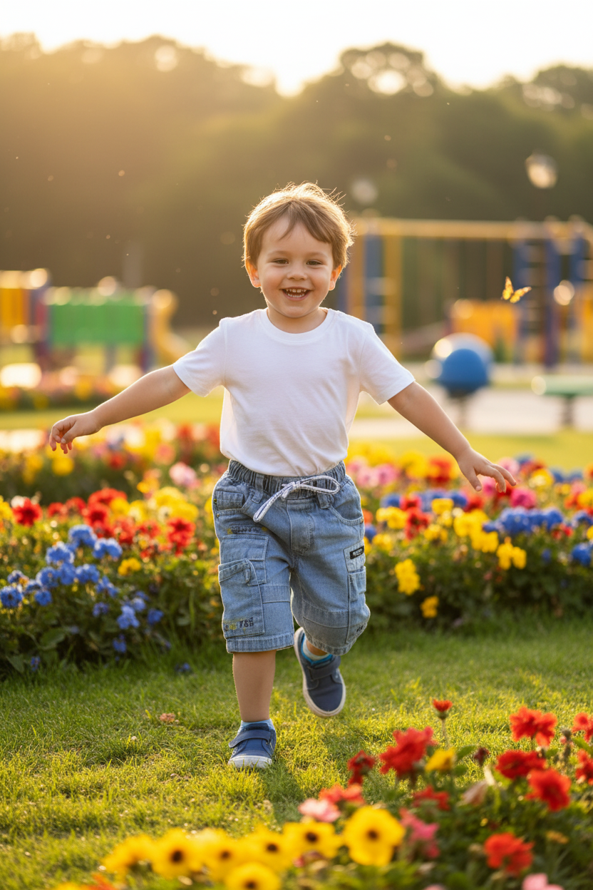 2-year-old at park wearing denim cargo shorts