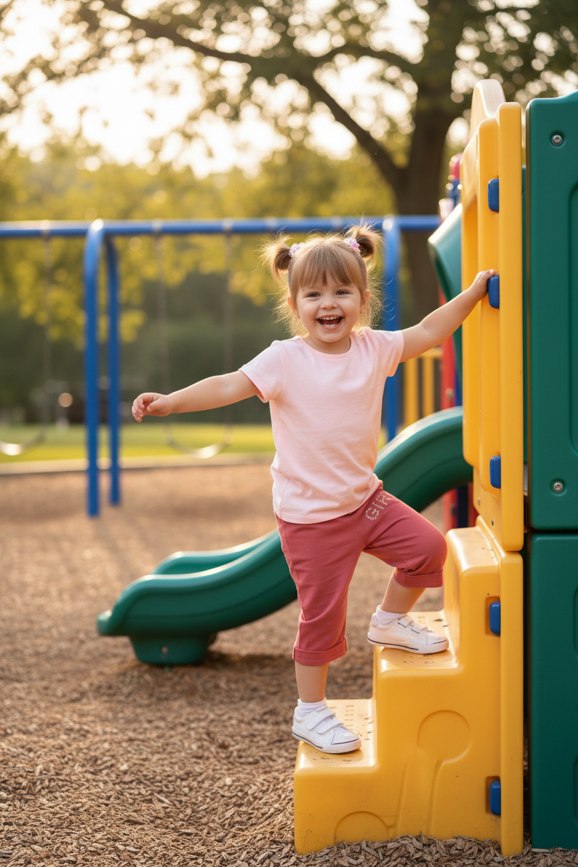 2-year-old at playground wearing pink capri pants