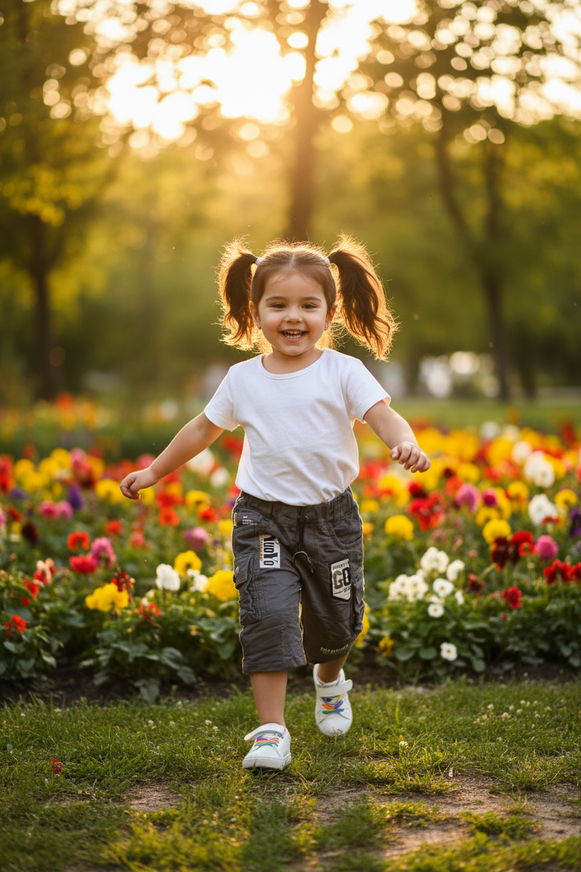 2-year-old girl at park wearing gray cargo shorts