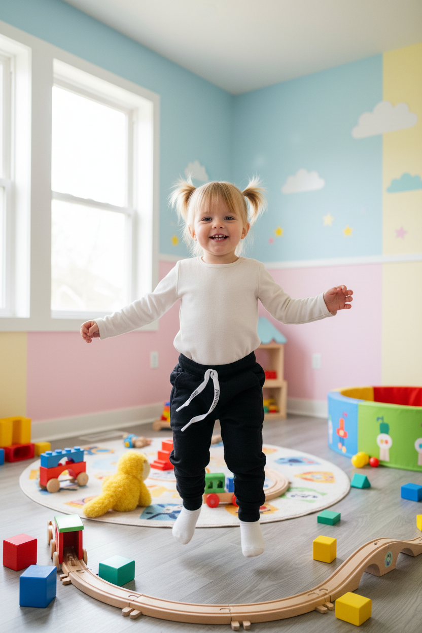 2-year-old in playroom wearing black joggers