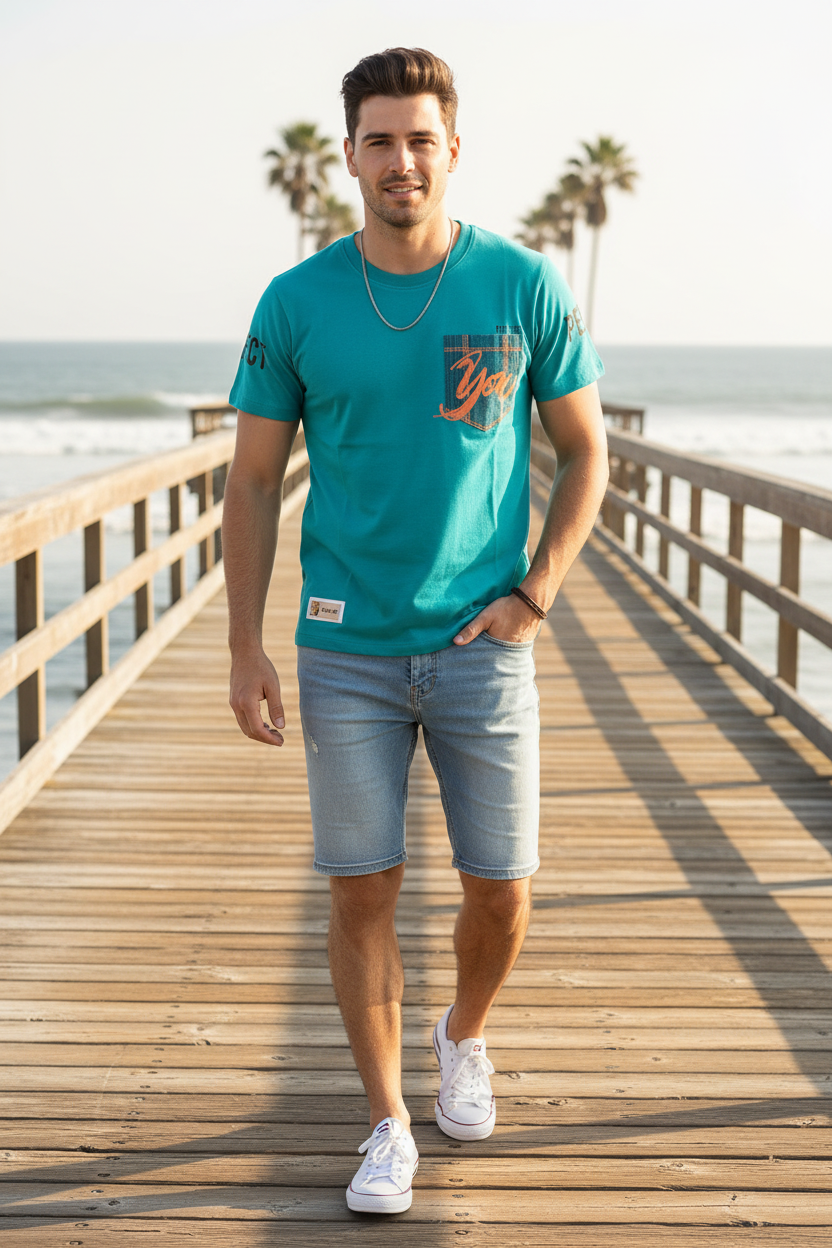 24-year-old at beach wearing turquoise t-shirt