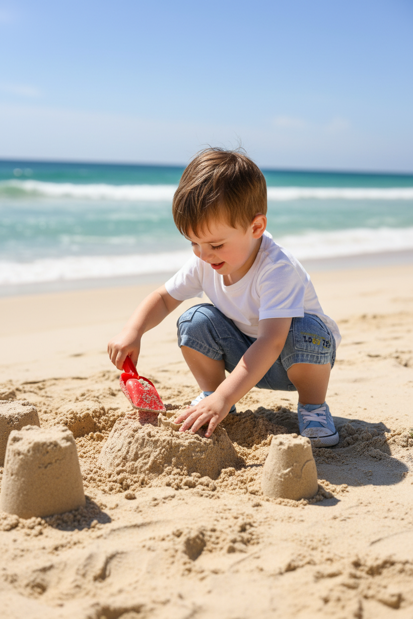 3-year-old at beach wearing denim cargo shorts