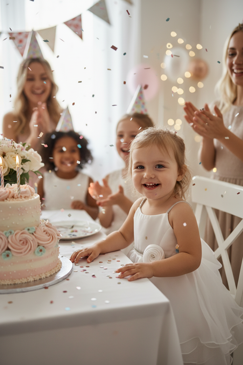 3-year-old at party table with cake