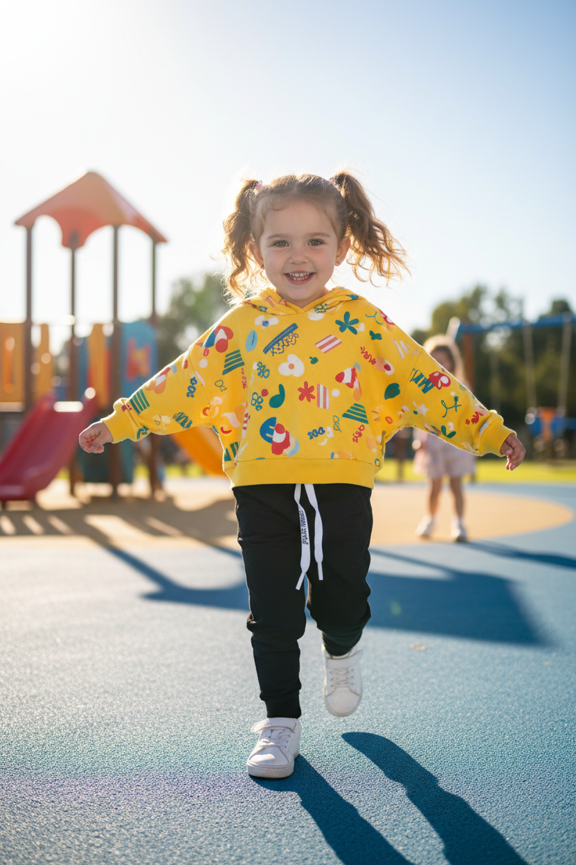 3-year-old at playground wearing black joggers