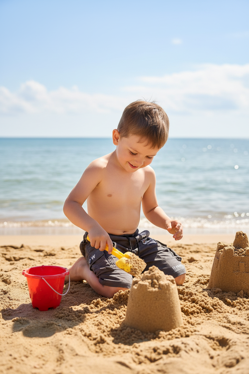 3-year-old boy at beach wearing gray cargo shorts