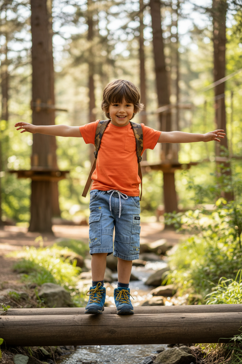 4-year-old at adventure park wearing denim cargo shorts