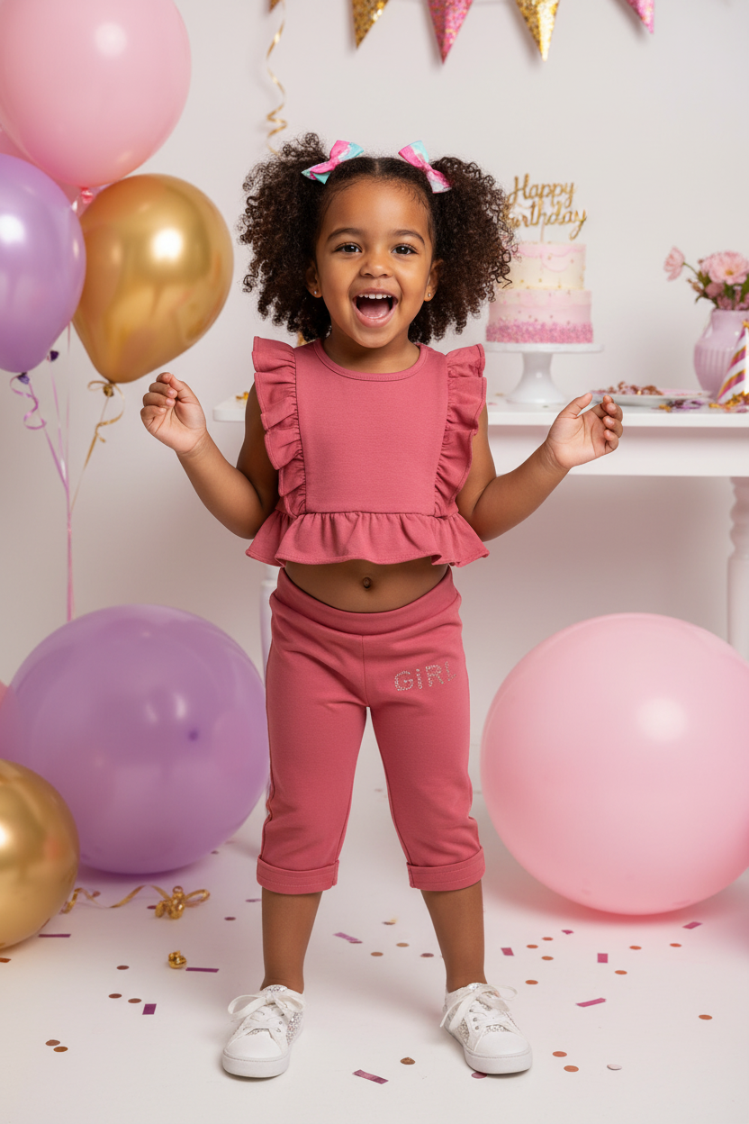 4-year-old at party wearing pink capri pants