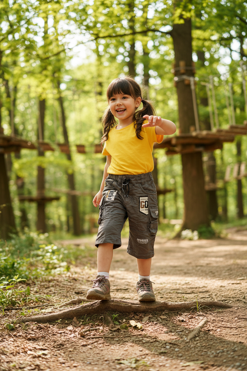 4-year-old girl at adventure park wearing gray cargo shorts