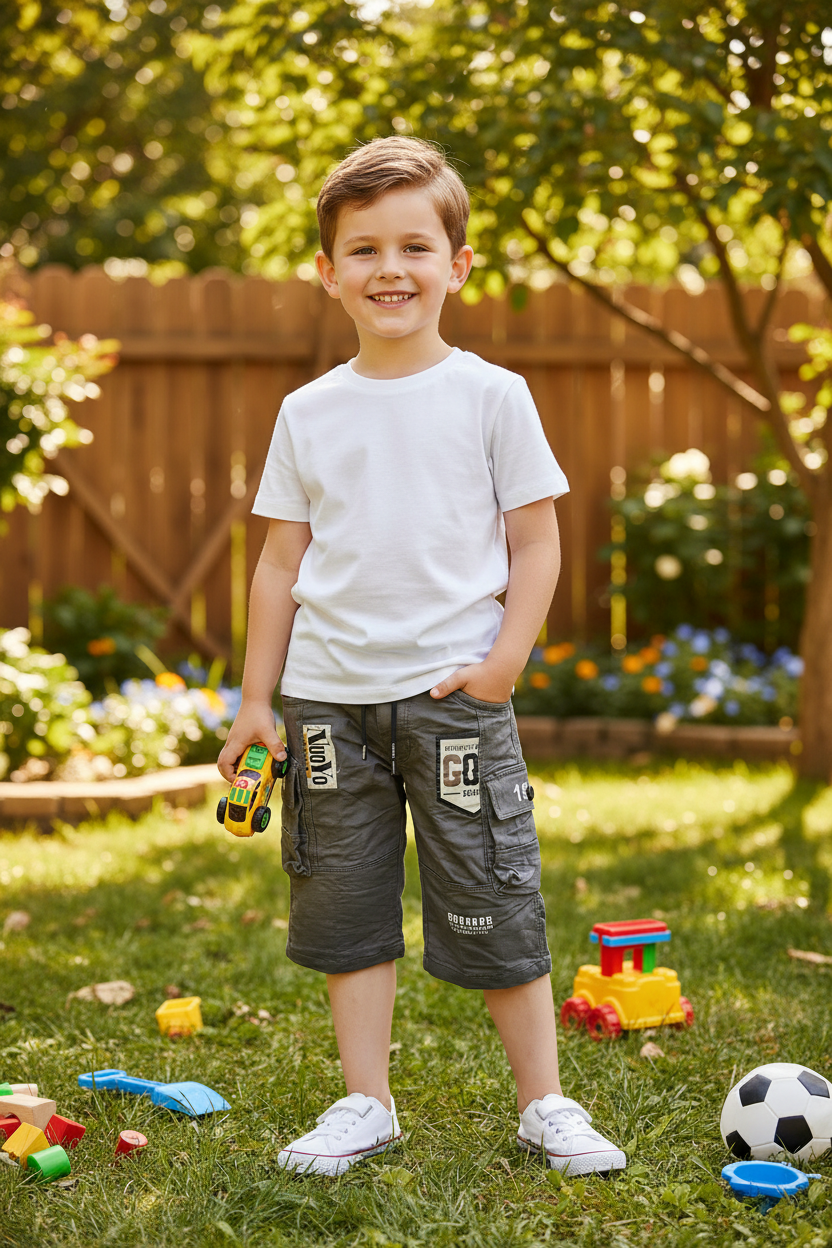 5-year-old boy playing wearing gray cargo shorts