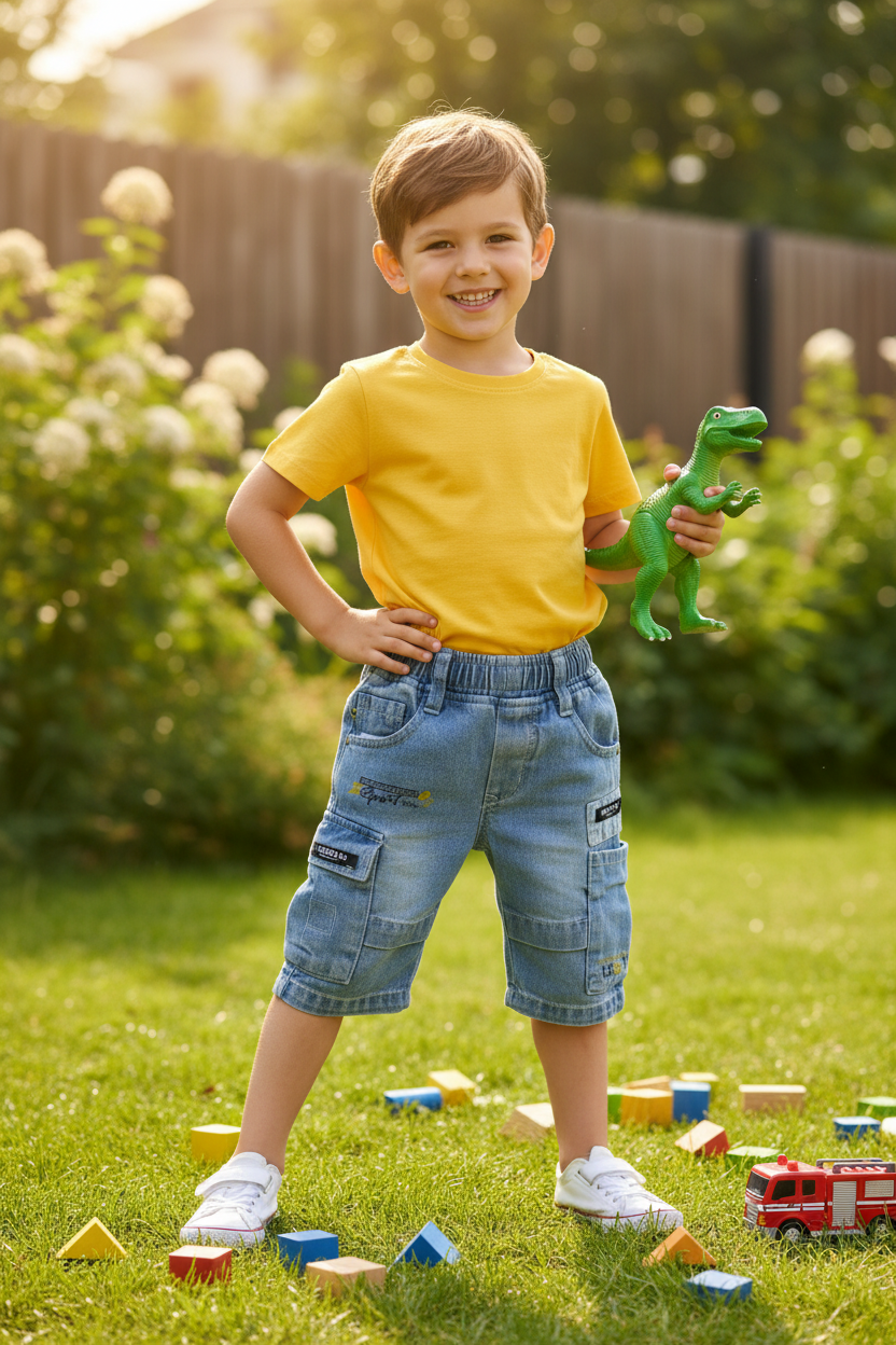 5-year-old playing in backyard wearing denim cargo shorts