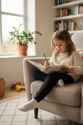 5-year-old reading at home wearing black joggers