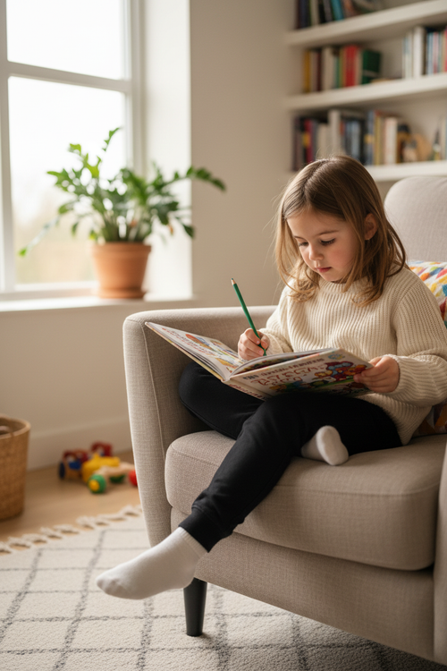 5-year-old reading at home wearing black joggers