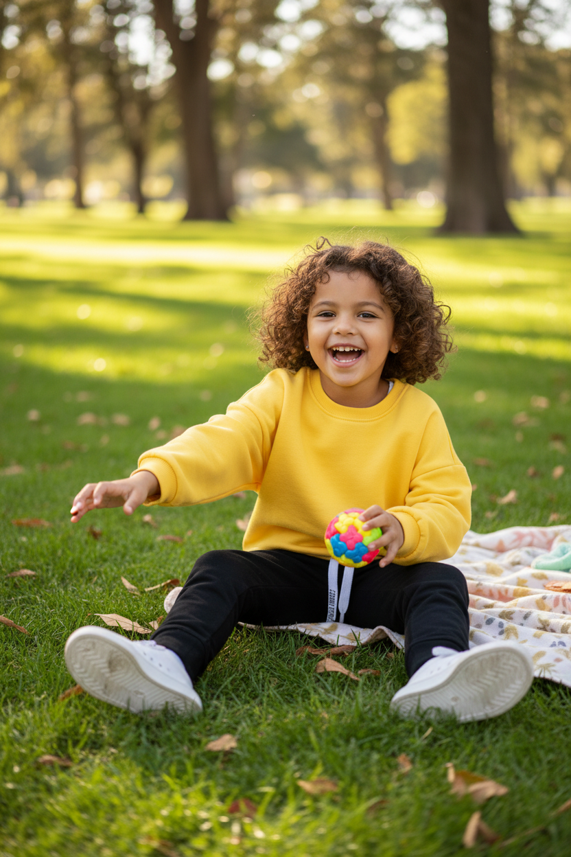 6-year-old at picnic wearing black joggers