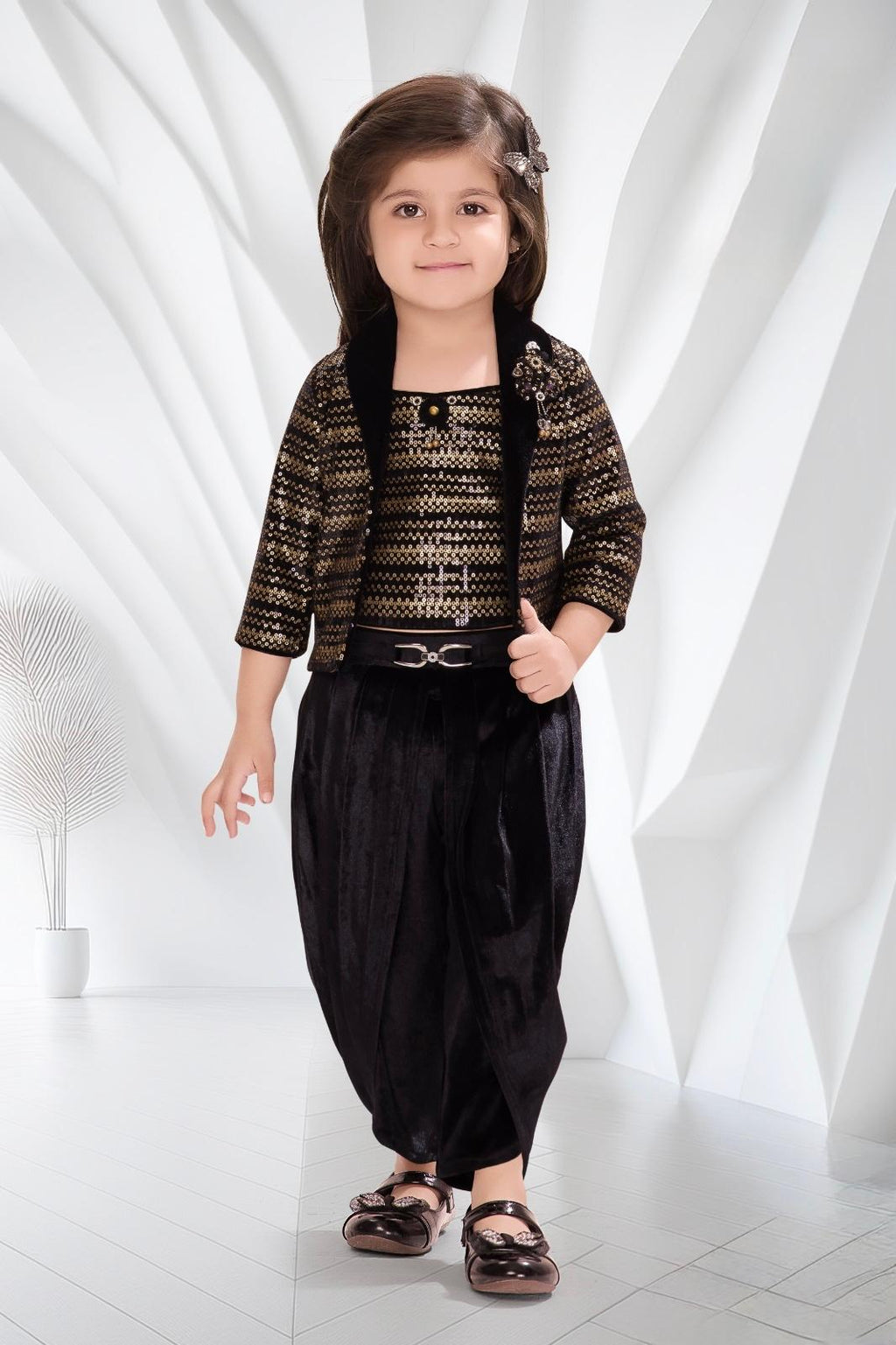 Girls Golden Sequin Top & Black Dhoti Pants Set - Ethnic Wear