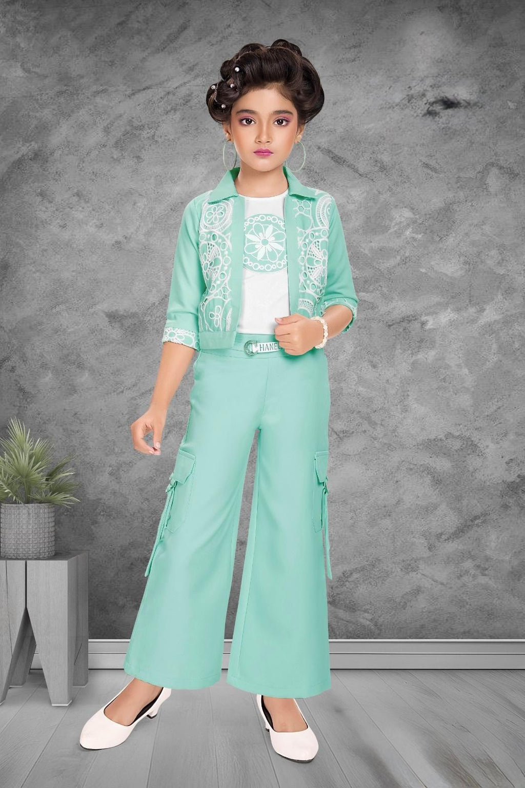 Girls Mint Green Lace Embellished Jacket & Palazzo Pants Set