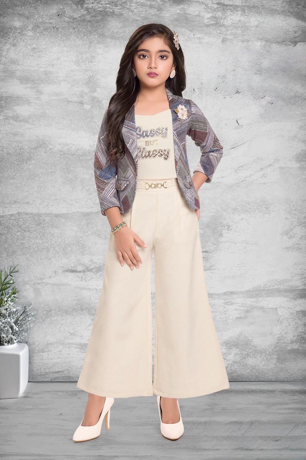 Girls Grey Plaid Blazer & Cream Palazzo Pants Set - Formal Wear