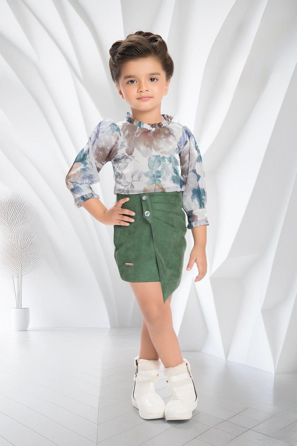 Girls Floral One-Piece Dress - Pastel Print with Green Skirt