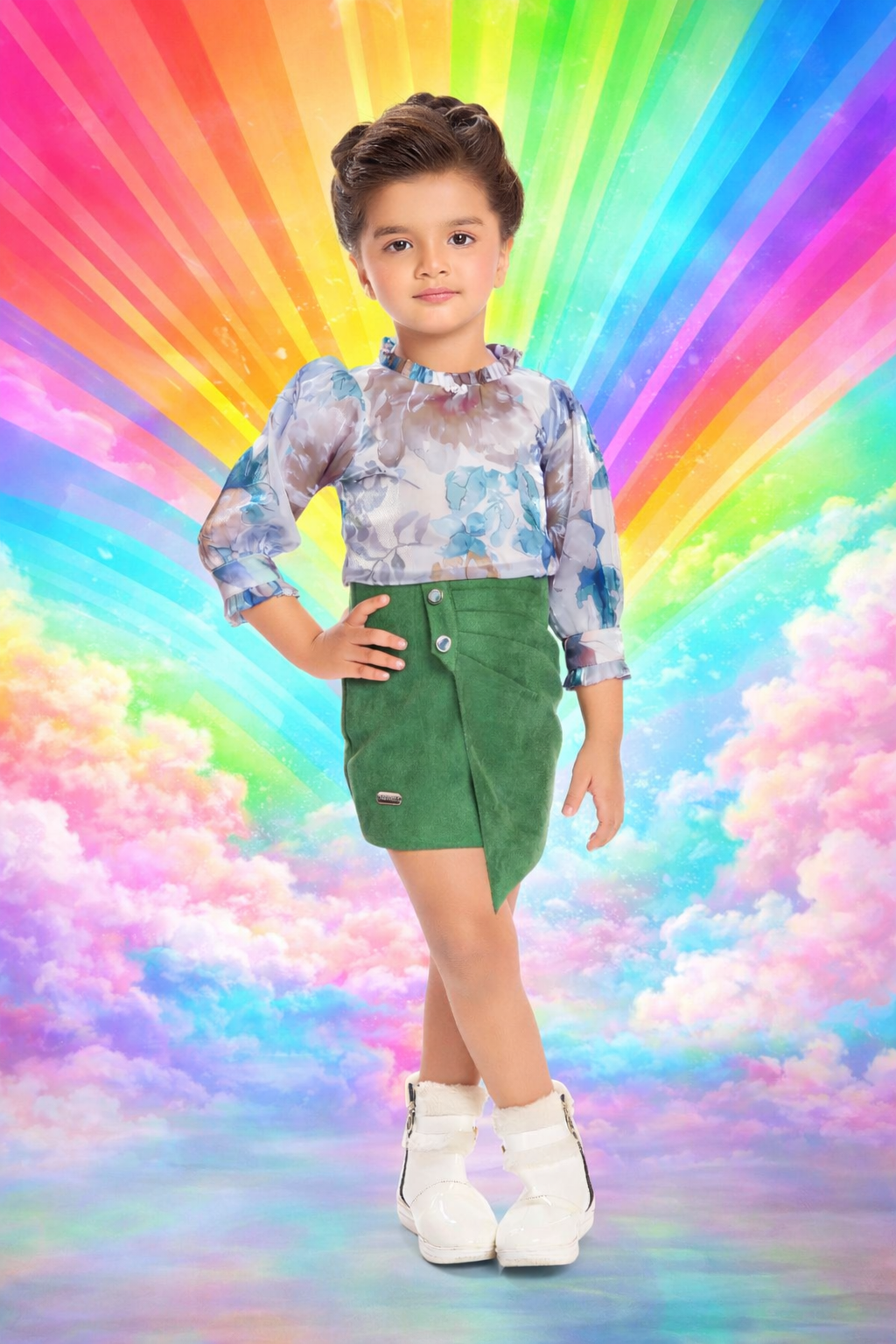 Girls Floral One-Piece Dress - Pastel Print with Green Skirt