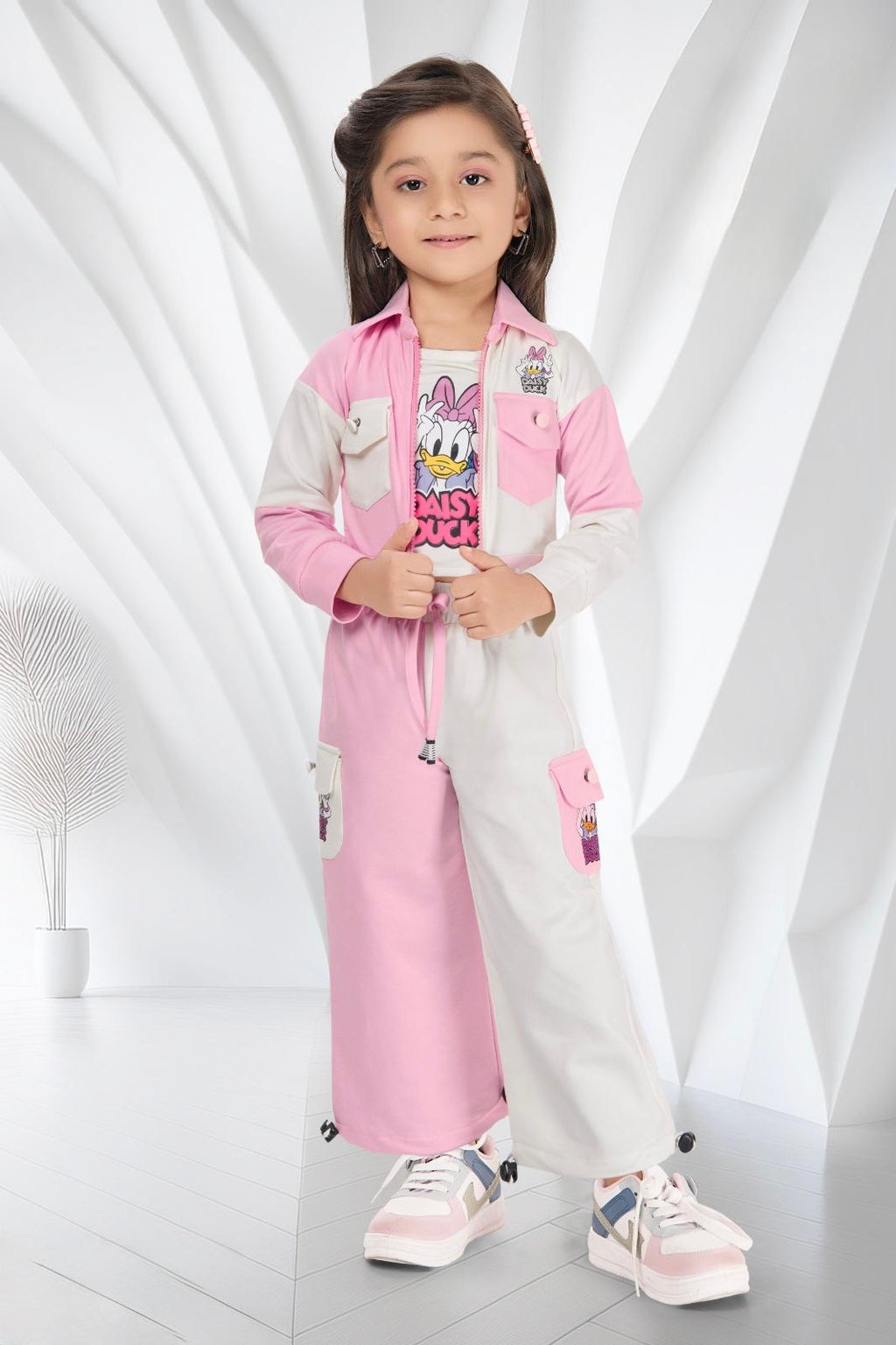 Girls Pink & White Cartoon Character Co-ord Set - 3 Piece