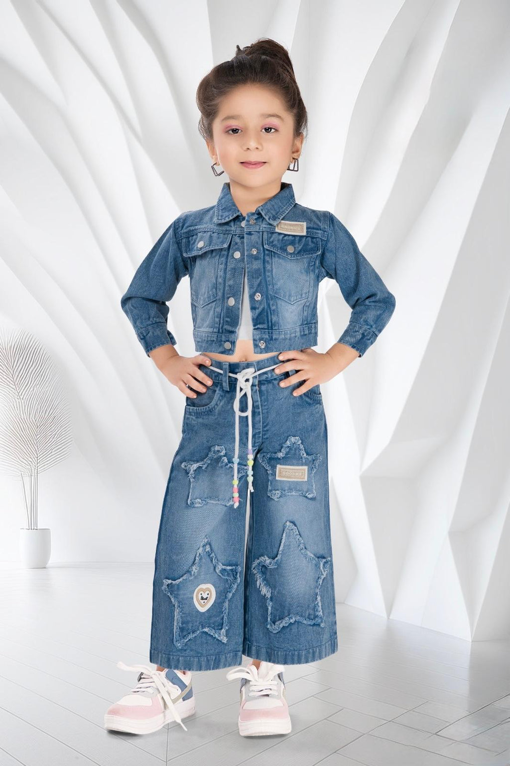 Girls Denim Jacket & Palazzo Pants Set - Distressed Blue