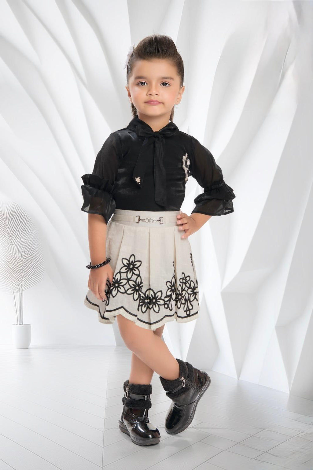 Girls Black Satin Top & White Floral Embroidered Skirt Set