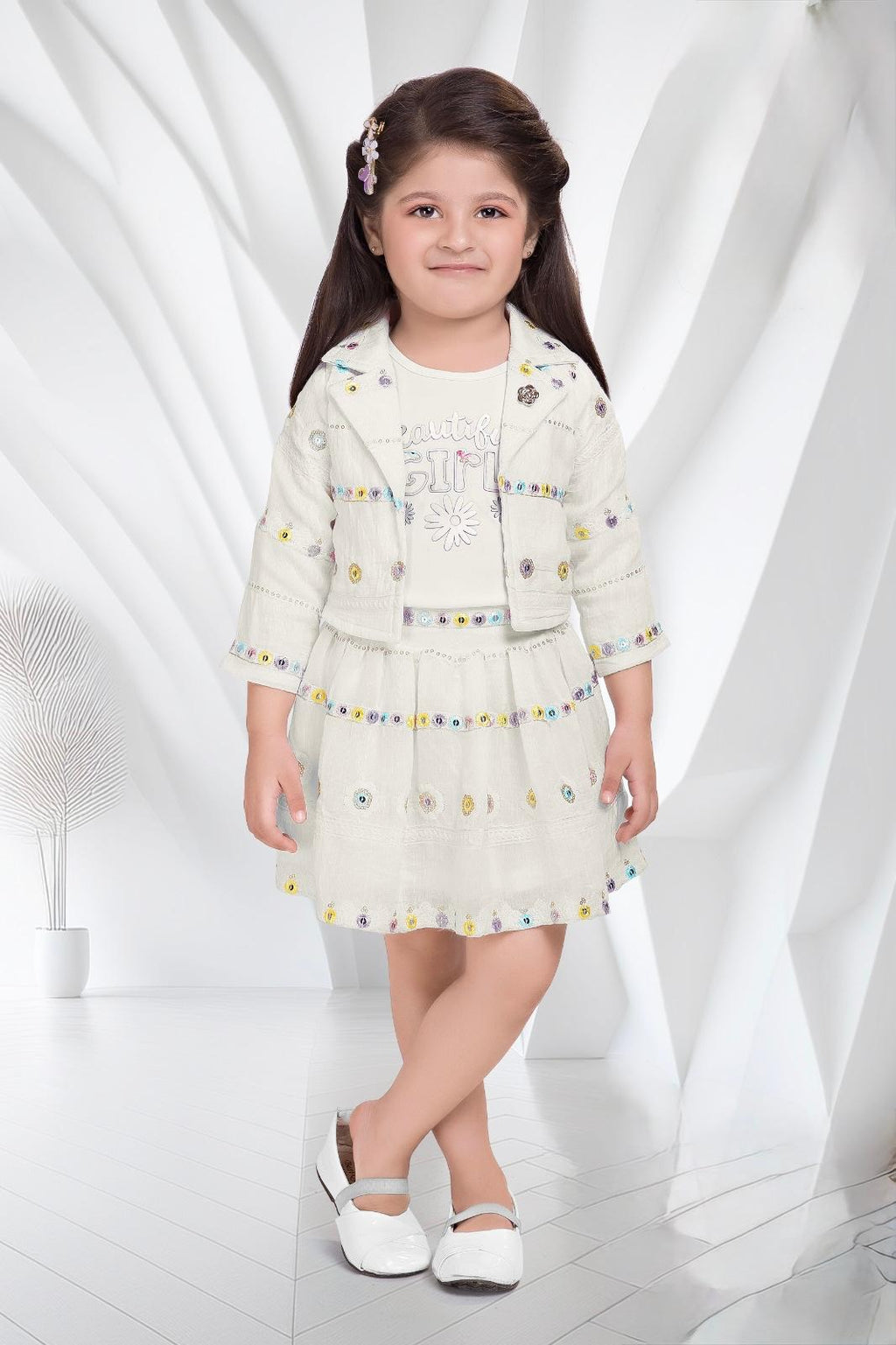 Girls White Embellished Jacket & Skirt Set - Party Wear