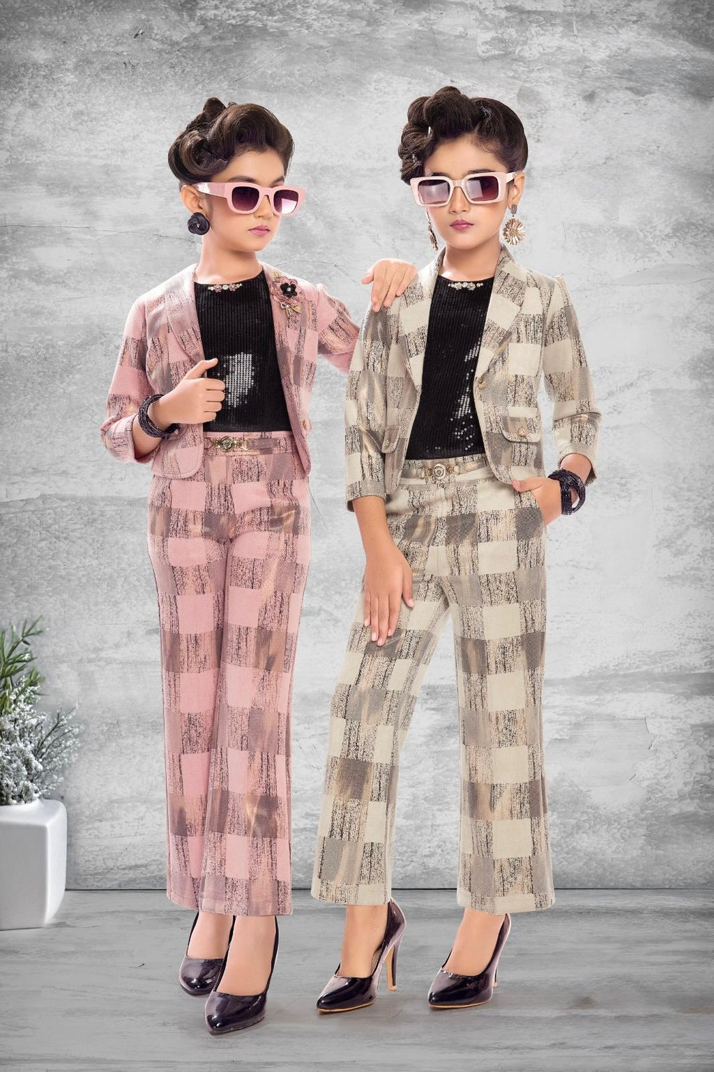 Girls Sequined Jacket & Pants Party Set - Pink & Beige