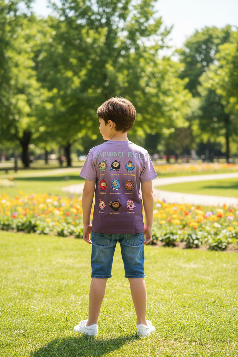 Back view of boy in purple gradient t-shirt standing