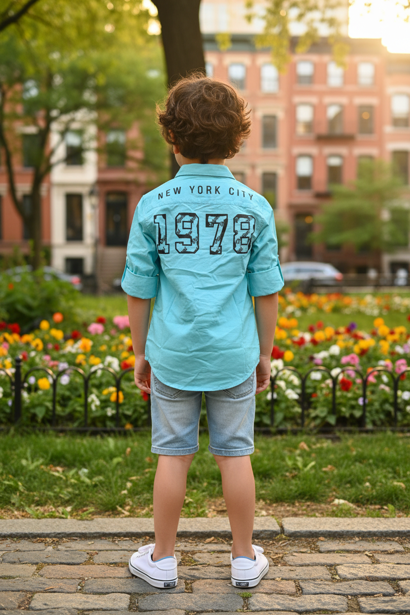Back view of boy in turquoise NYC shirt standing