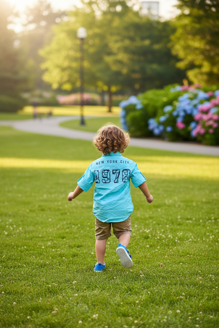 Back view of boy playing in turquoise NYC shirt