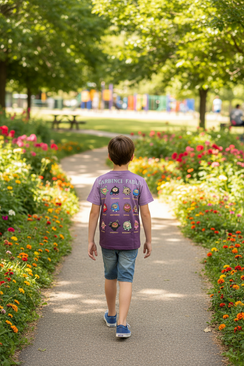 Back view of boy walking in purple gradient t-shirt