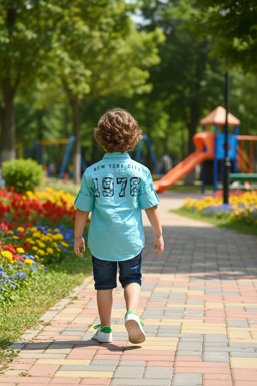 Back view of boy walking in turquoise NYC shirt