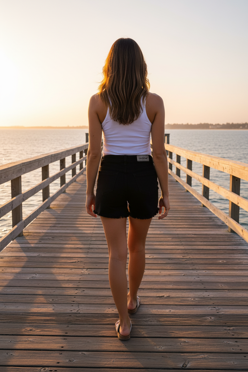 Back view - Woman on boardwalk wearing black denim shorts