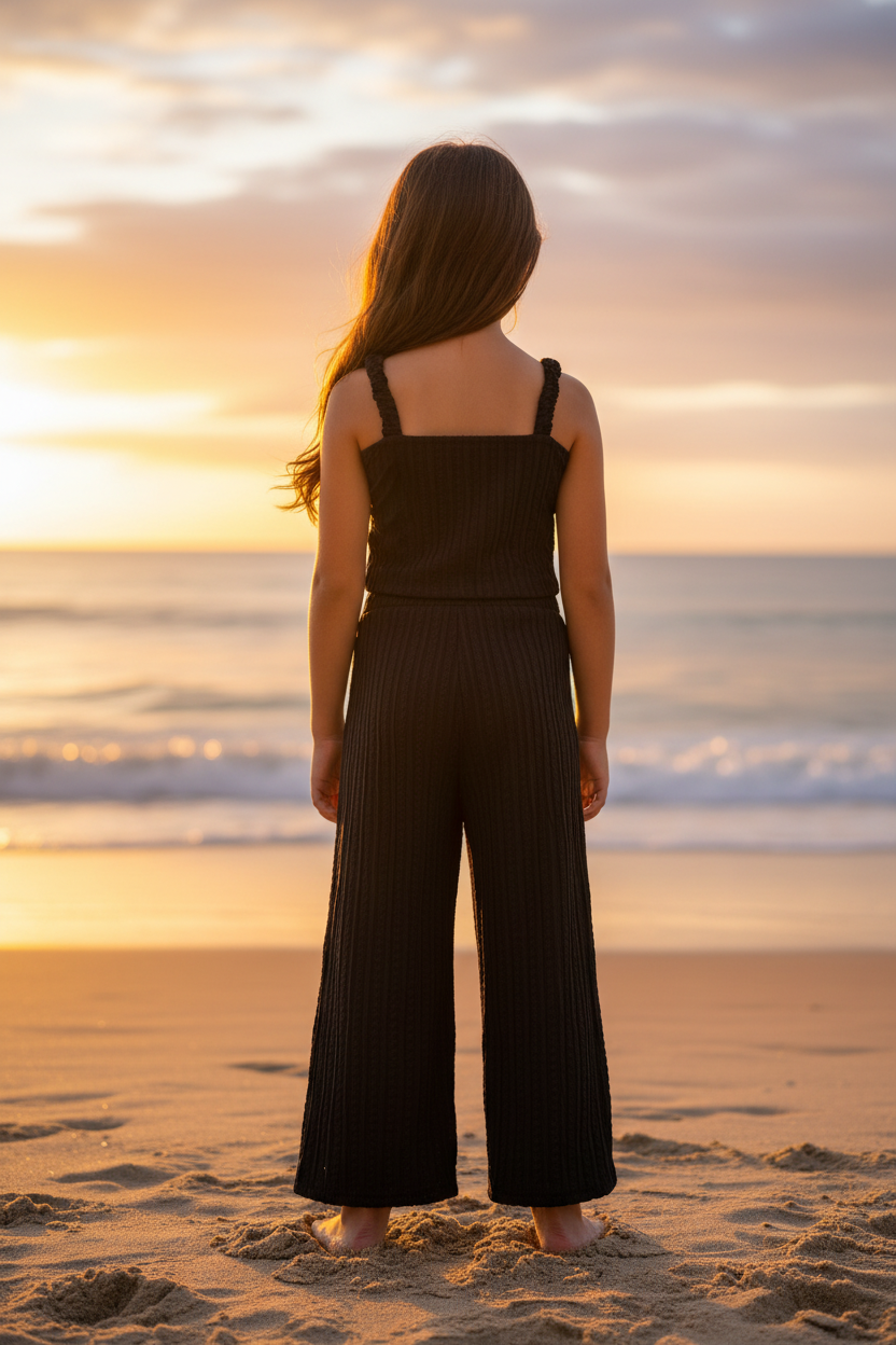 Black co-ord set back view - beach sunset