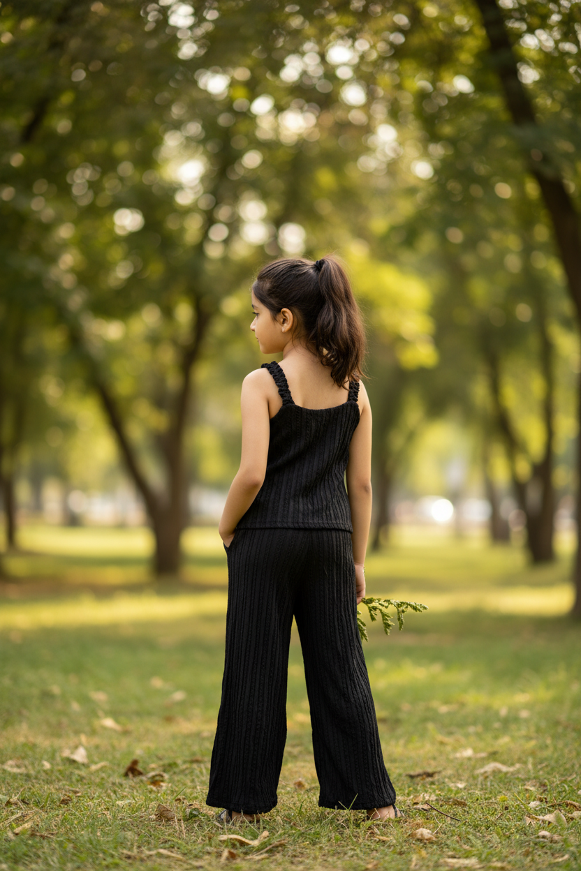 Black co-ord set back view - park setting