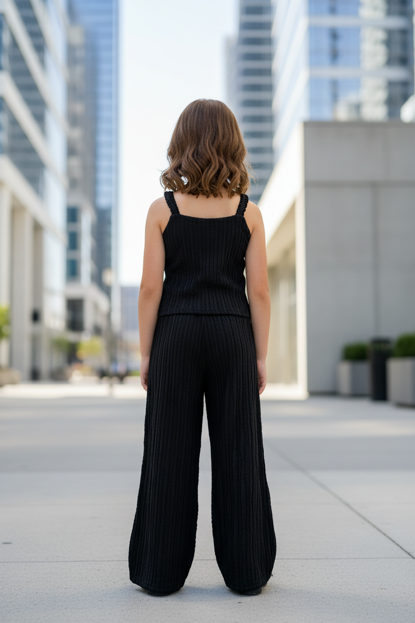 Black co-ord set back view - urban setting