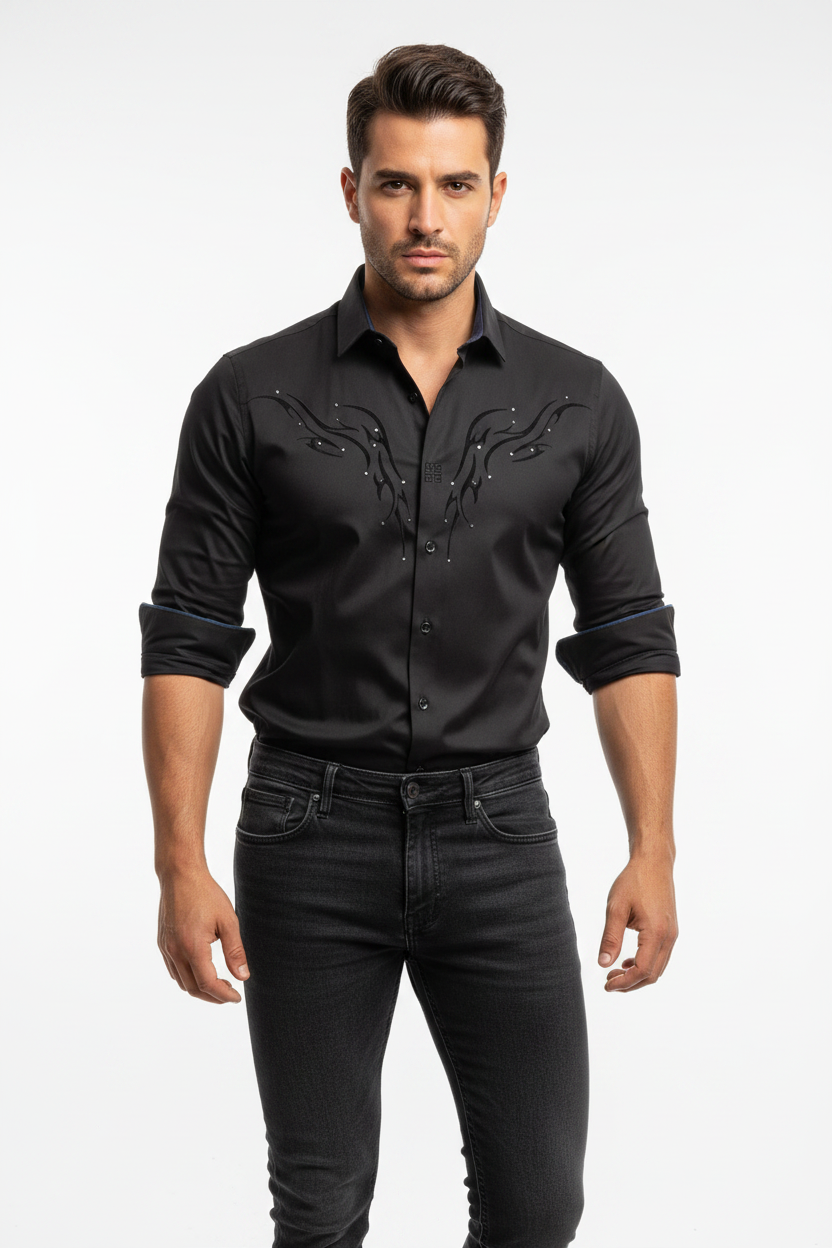 Black shirt folded sleeves tucked