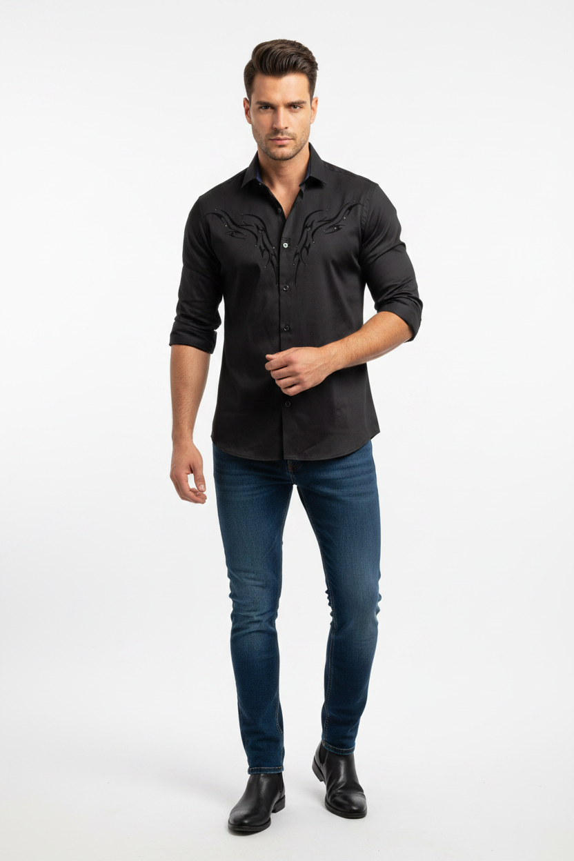 Black shirt folded sleeves untucked