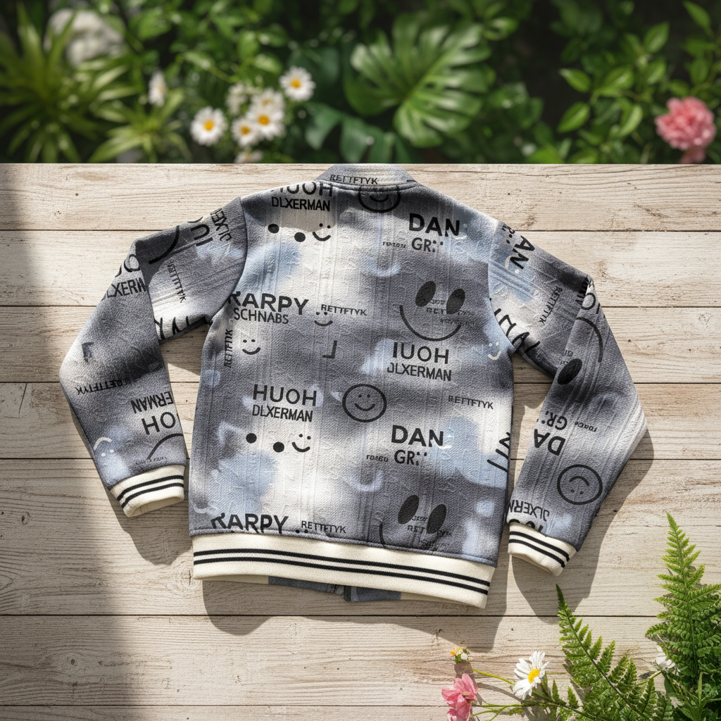 Bomber jacket back view - rustic wooden background