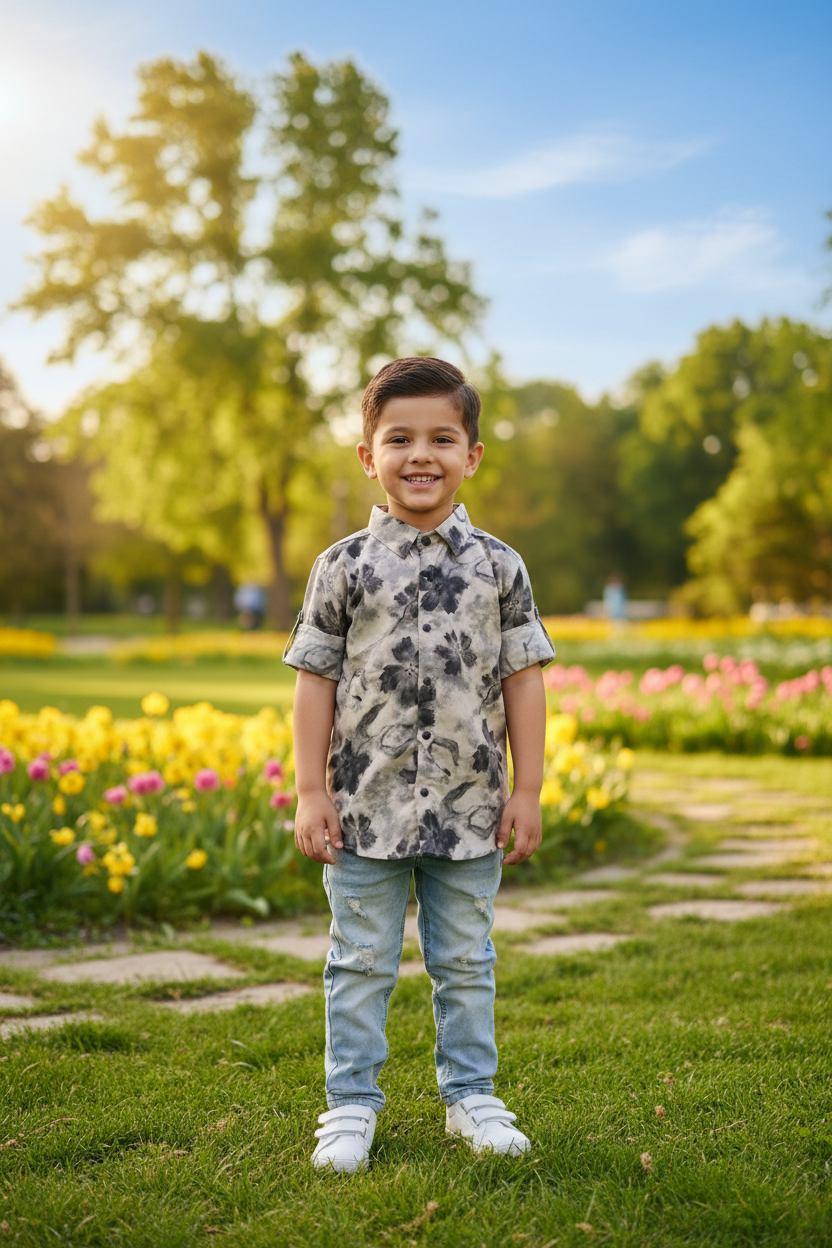 Boy 3-4 years in grey watercolor floral shirt