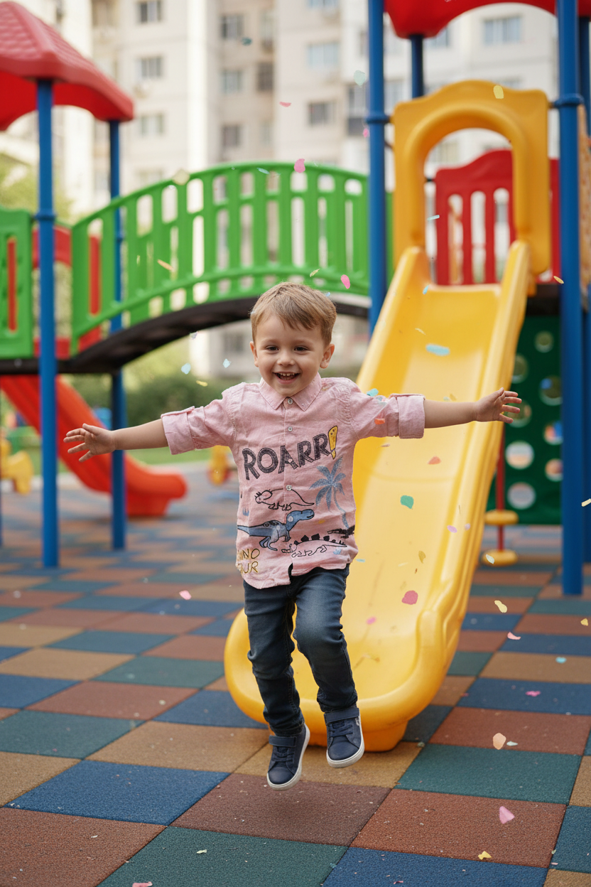 Boy 3-4 years in pink dinosaur shirt at playground