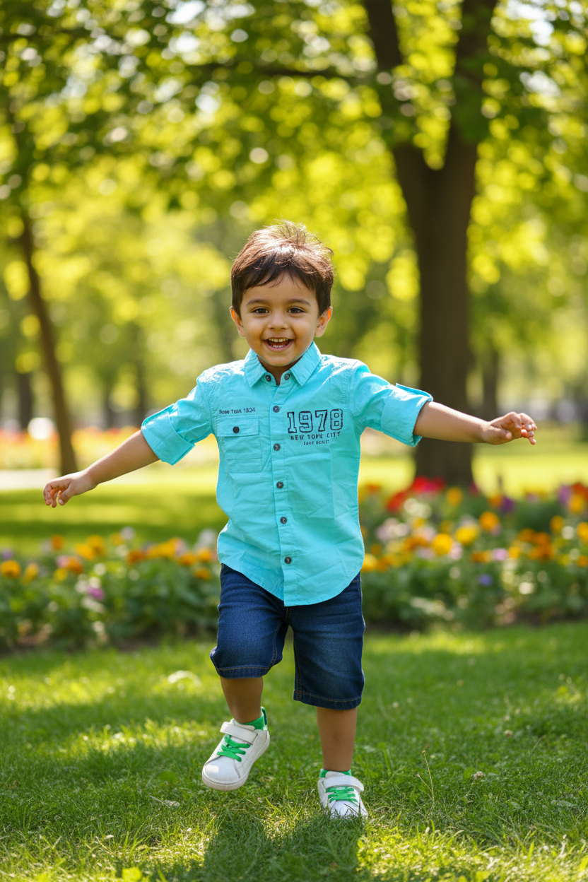 Boy 3-4 years playing in turquoise NYC shirt